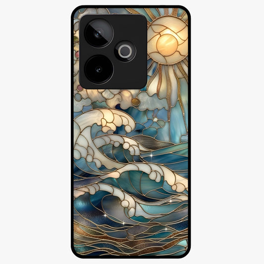 Oceanic Stained Printed Glass Case showing flat back view with ocean inspired stained pattern artwork and glossy glass finish.