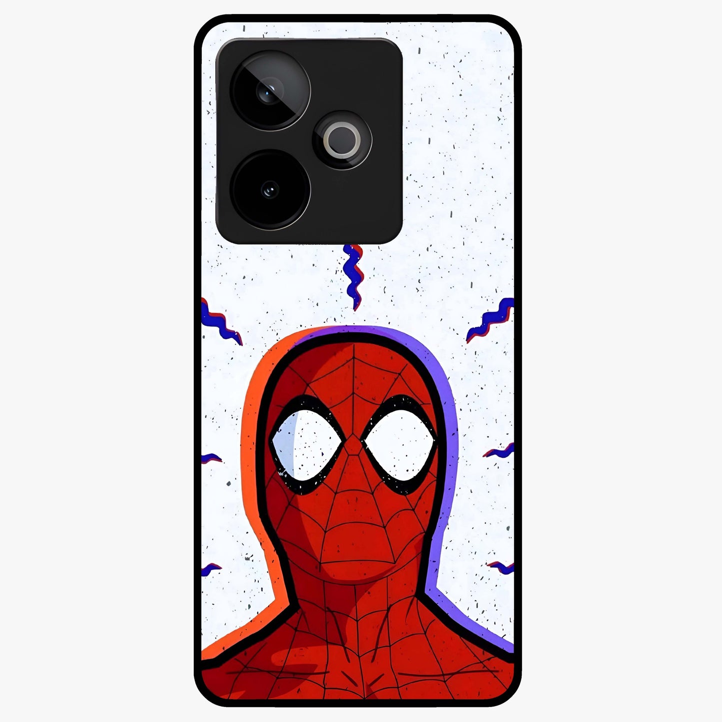 Omg Spiderman Glass Case showing flat back view with bold superhero inspired artwork and glossy glass finish.