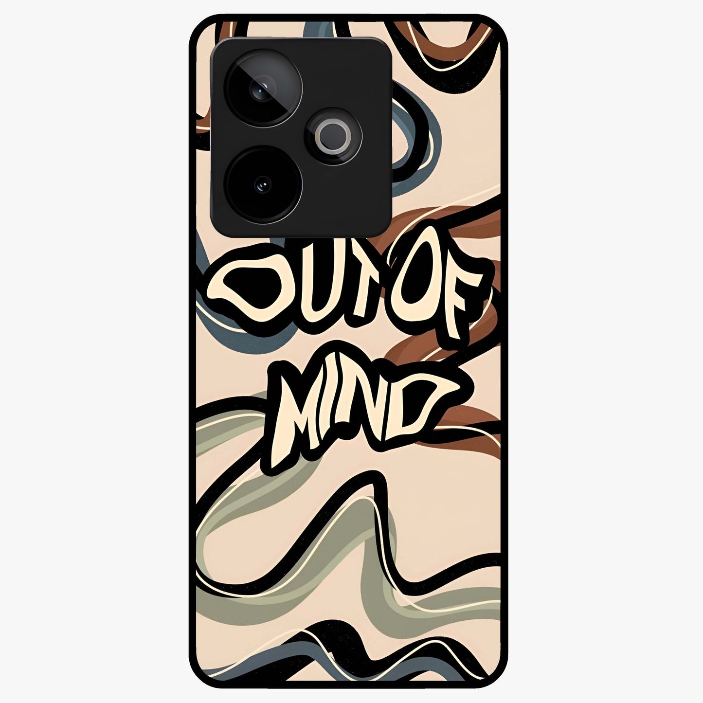 Out Of Mind Glass Case showing flat back view with expressive typography artwork and glossy glass finish.