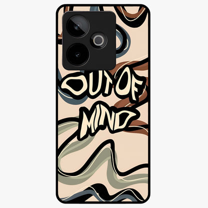 Out Of Mind Glass Case showing flat back view with expressive typography artwork and glossy glass finish.