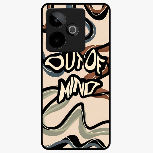 Out Of Mind Glass Case showing flat back view with expressive typography artwork and glossy glass finish.