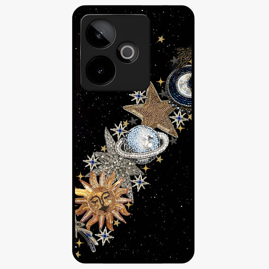 Pearls Universe Object Glass Case showing flat back view with pearl inspired cosmic artwork and glossy glass finish.
