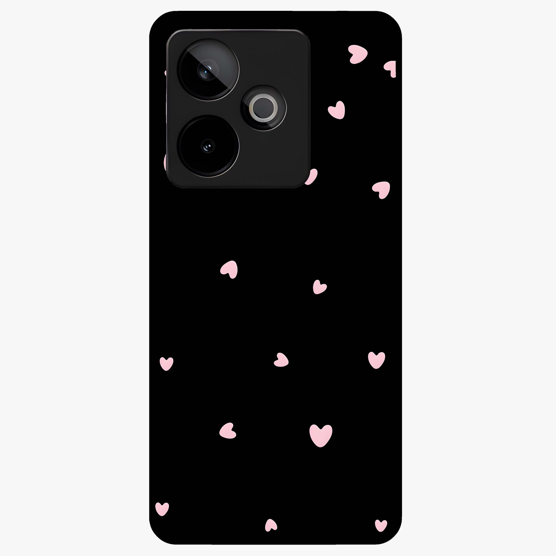 Pink Love Drops Glass Case showing flat back view with playful pink heart drops artwork and glossy glass finish.