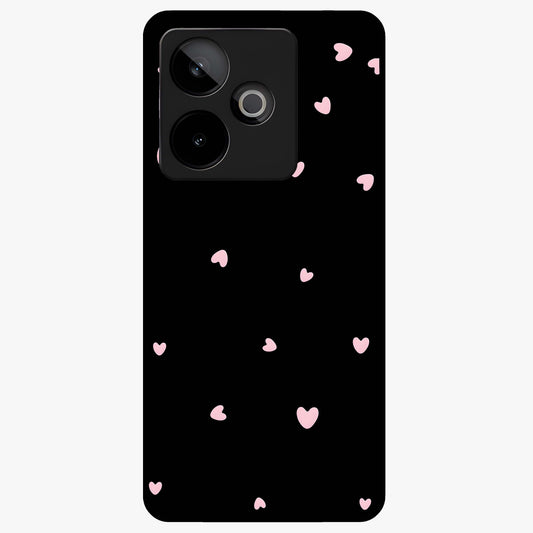 Pink Love Drops Glass Case showing flat back view with playful pink heart drops artwork and glossy glass finish.