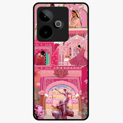 Pink Palace Muse Glass Case showing flat back view with elegant palace inspired artwork and glossy glass finish.