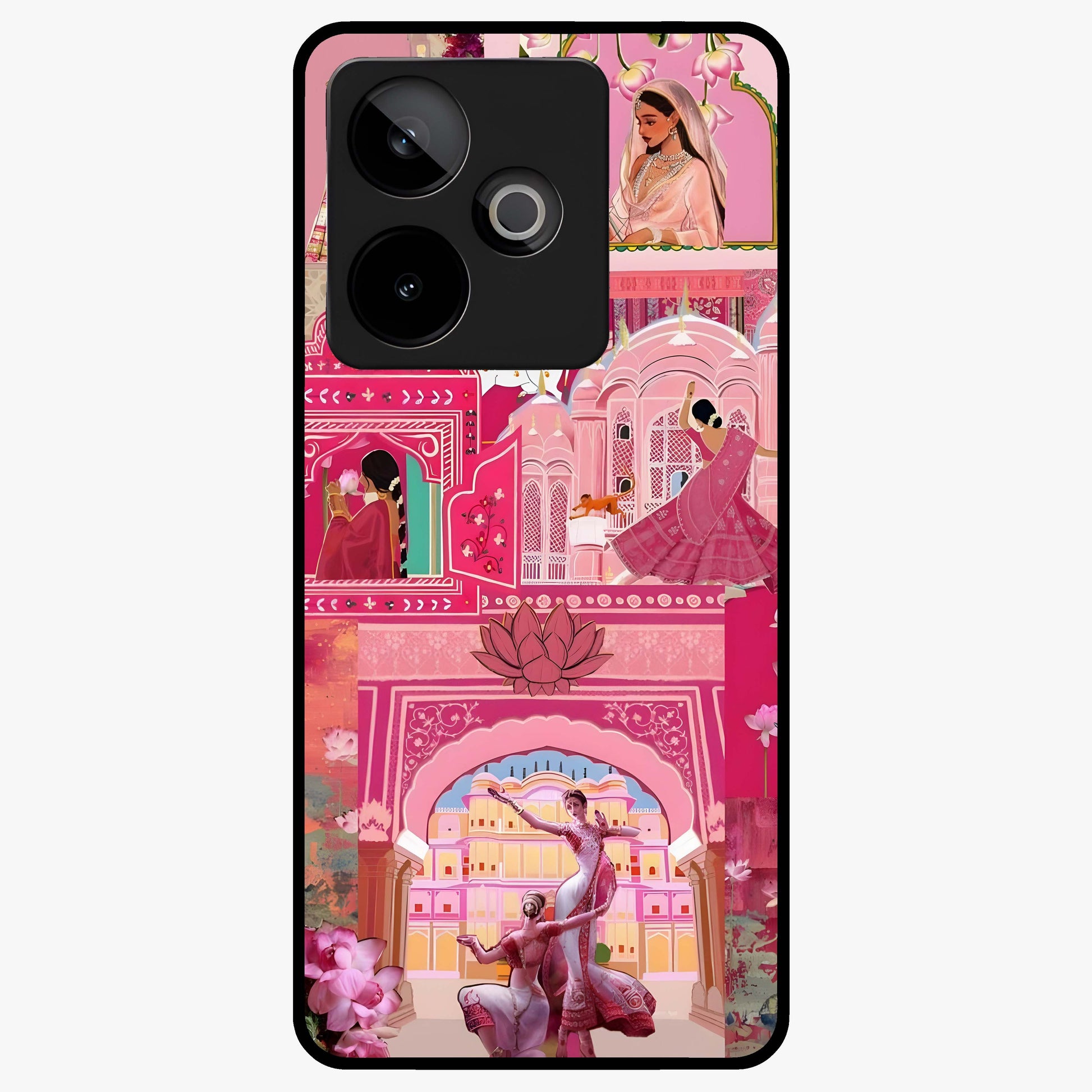 Pink Palace Muse Glass Case showing flat back view with elegant palace inspired artwork and glossy glass finish.
