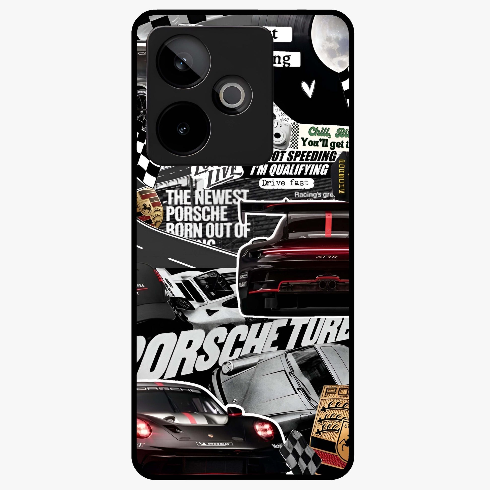 Porsche Racing Collage Glass Case showing flat back view with sports car racing collage artwork and glossy glass finish.