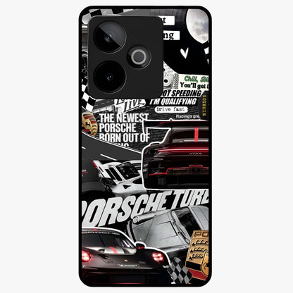 Porsche Racing Collage Glass Case showing flat back view with sports car racing collage artwork and glossy glass finish.