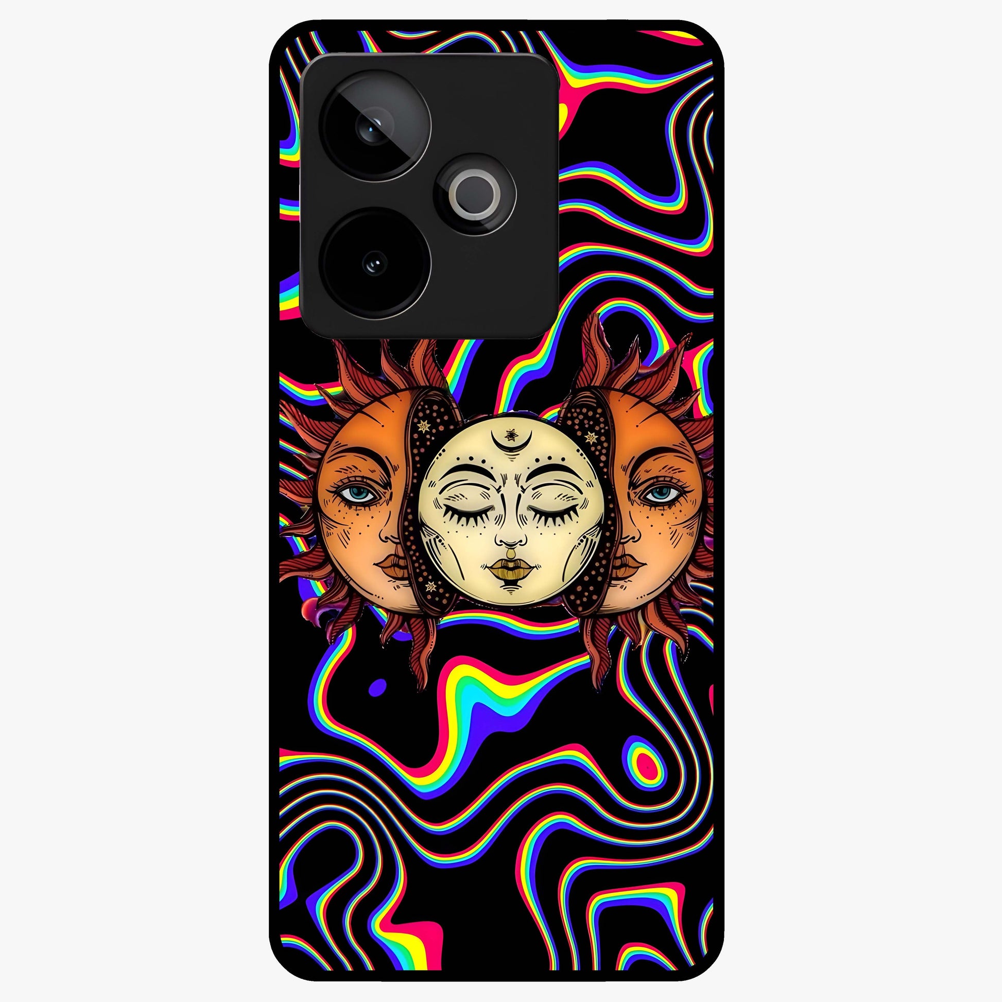 Psychedelic Sun Glass Case showing flat back view with colorful psychedelic sun artwork and glossy glass finish.