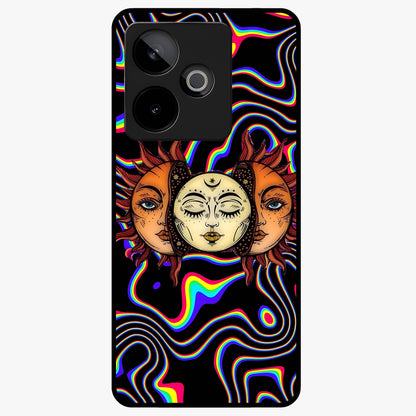 Psychedelic Sun Glass Case showing flat back view with colorful psychedelic sun artwork and glossy glass finish.