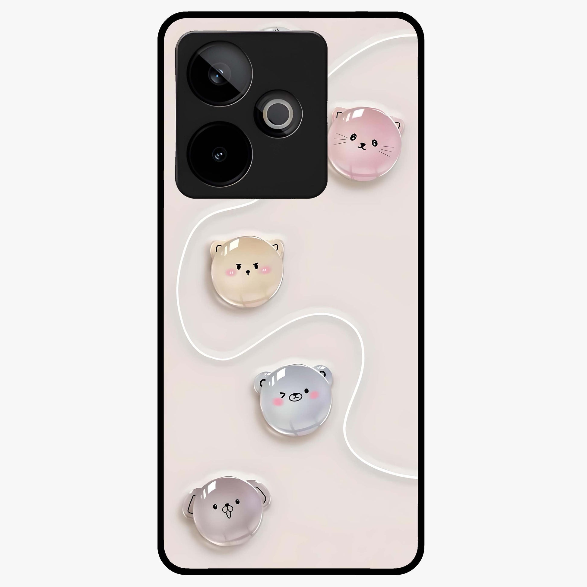 Puffy Face Parade Glass Case showing flat back view with cute puffy character faces artwork and glossy glass finish.