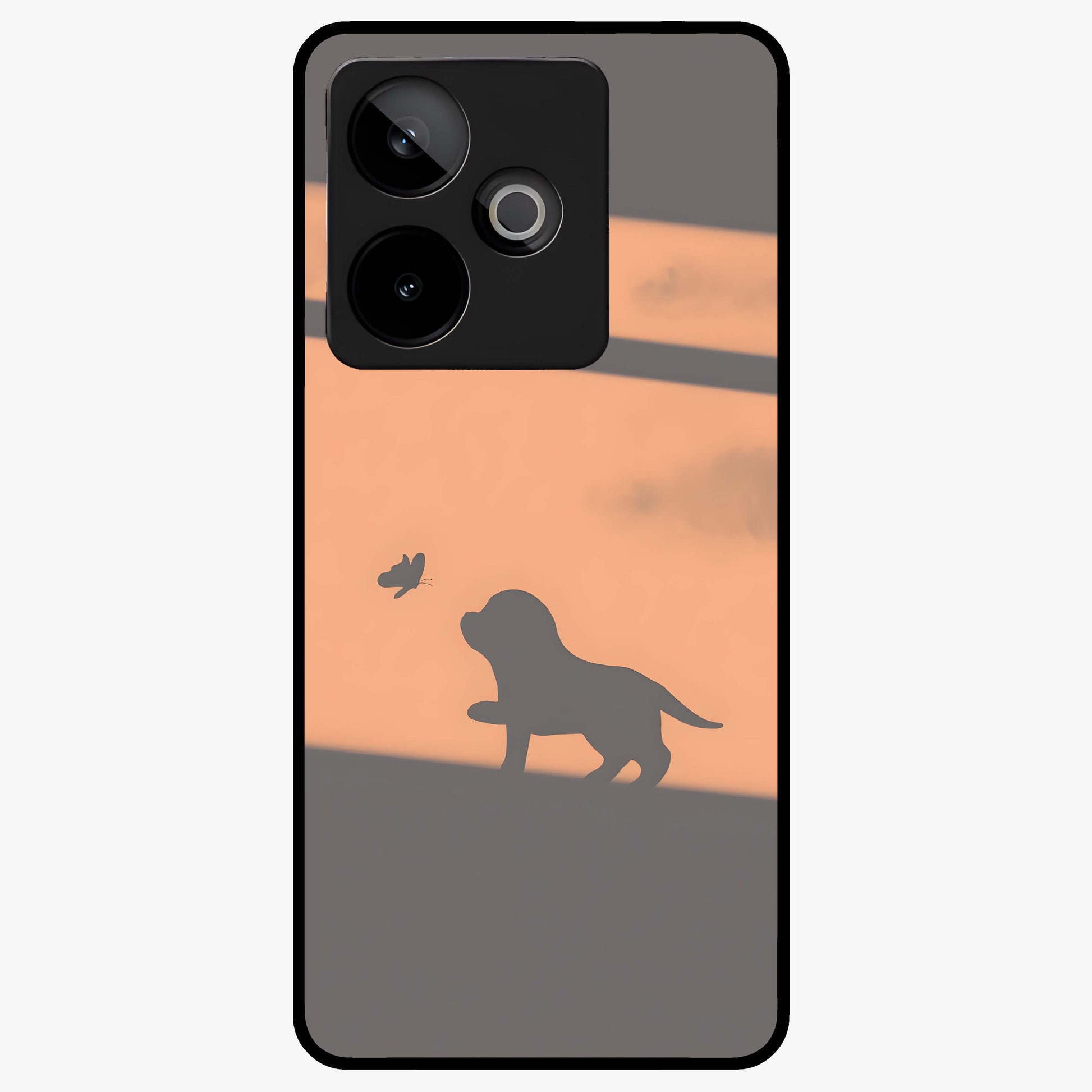 Puppy Shadow Art Glass Case showing flat back view with cute puppy shadow style artwork and glossy glass finish.