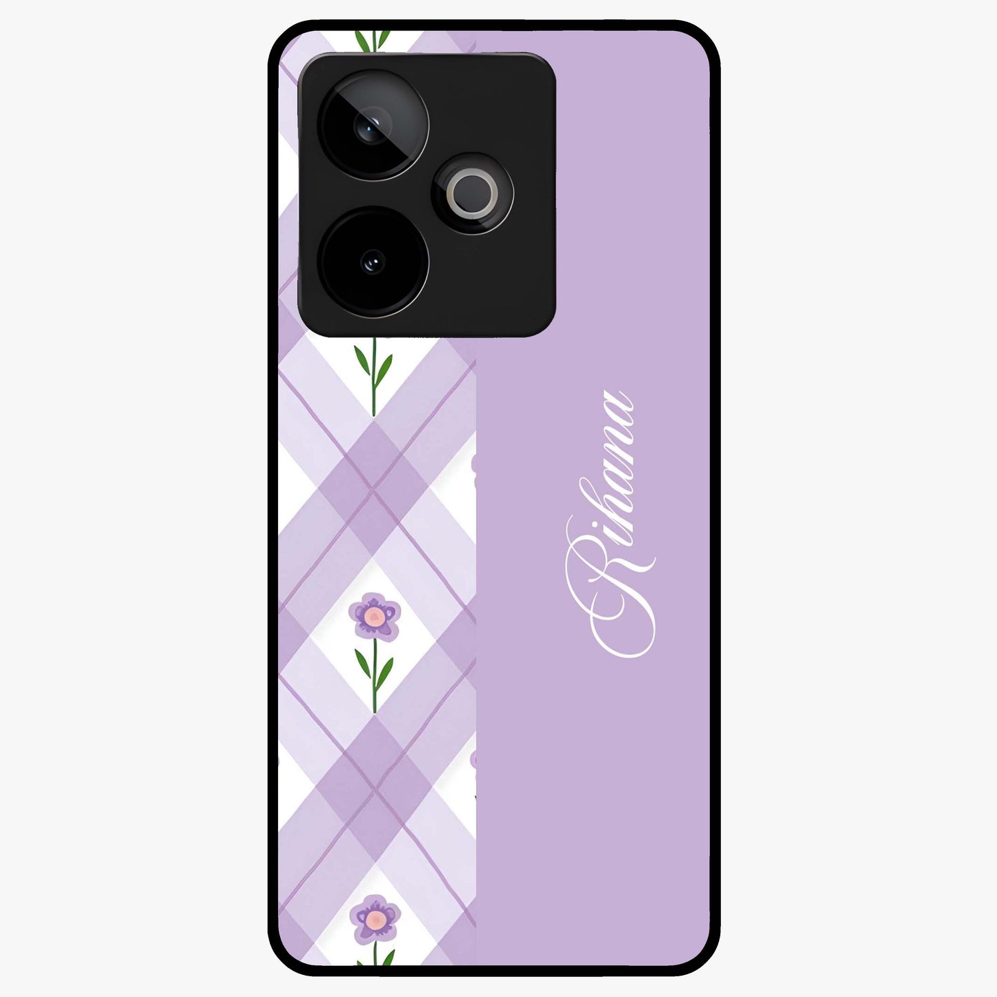 Purple Diamond Floral Glass Case showing flat back view with diamond shaped floral artwork and glossy glass finish.