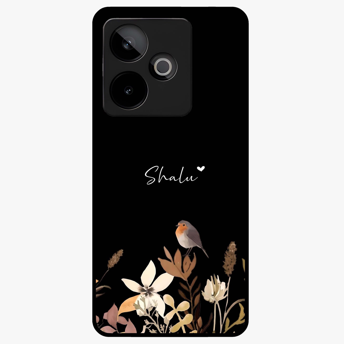 Quiet Garden Tune Custom Name Glass Case showing flat back view with peaceful garden artwork and personalized name design.