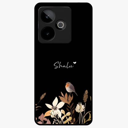 Quiet Garden Tune Custom Name Glass Case showing flat back view with peaceful garden artwork and personalized name design.