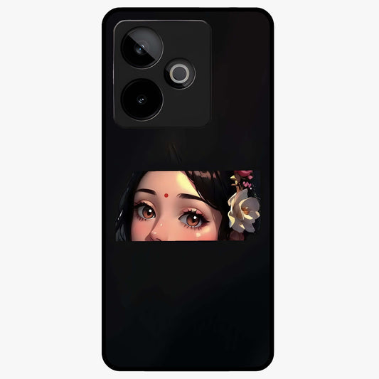 Radha Divine Embrace Glass Case showing flat back view with devotional Radha artwork and glossy glass finish.