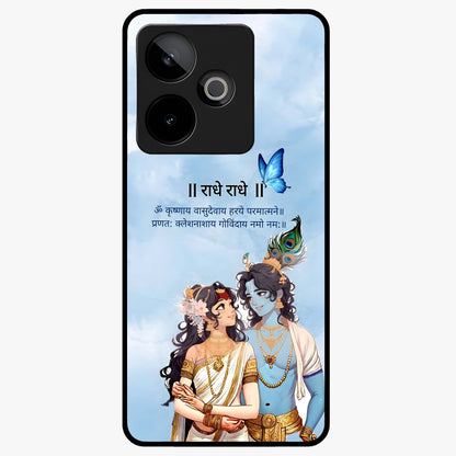 Radha Krishna Eternal Glass Case showing flat back view with Radha Krishna devotional artwork and glossy glass finish.