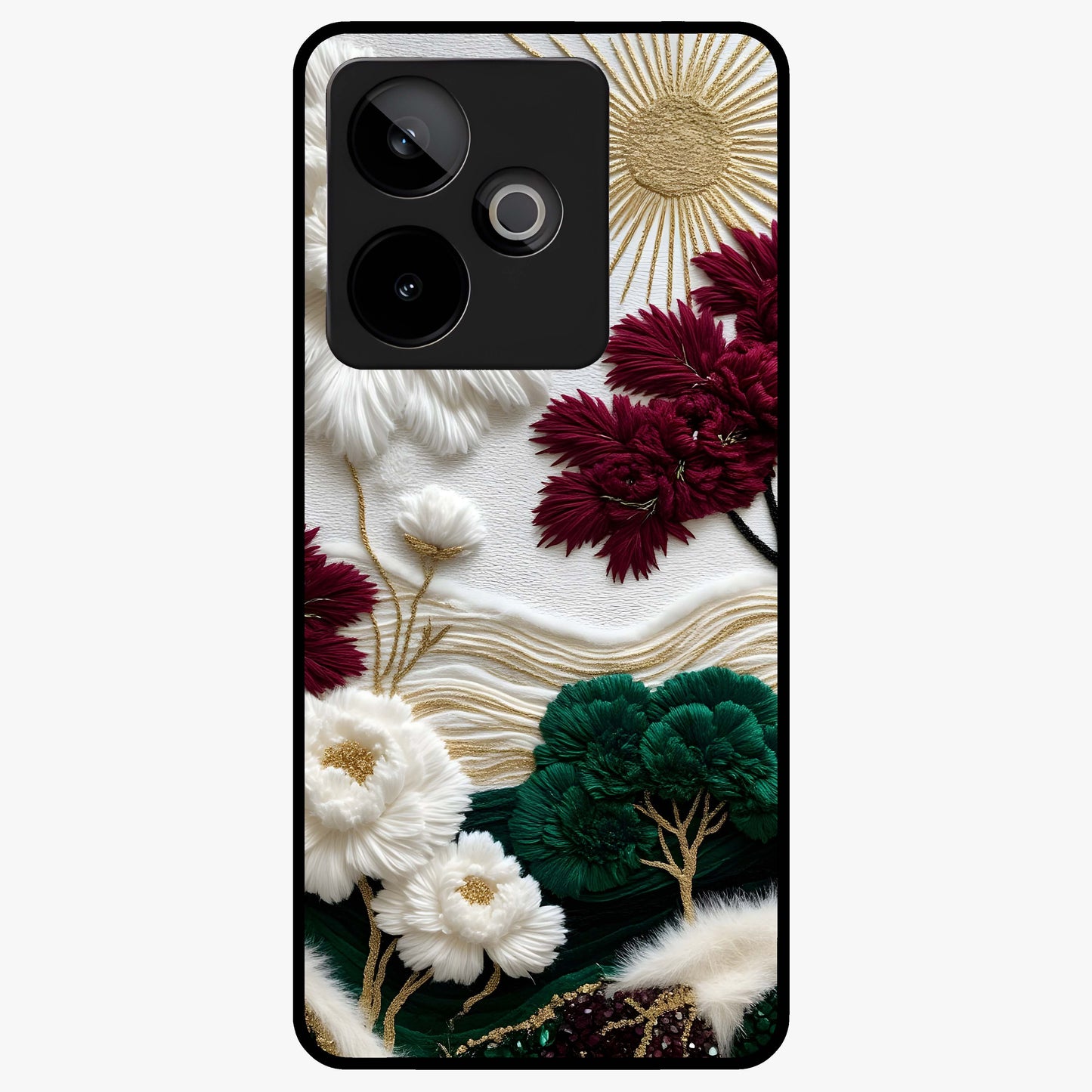 Radiant Bloom Elegance Glass Case showing flat back view with elegant blooming flower artwork and glossy glass finish.