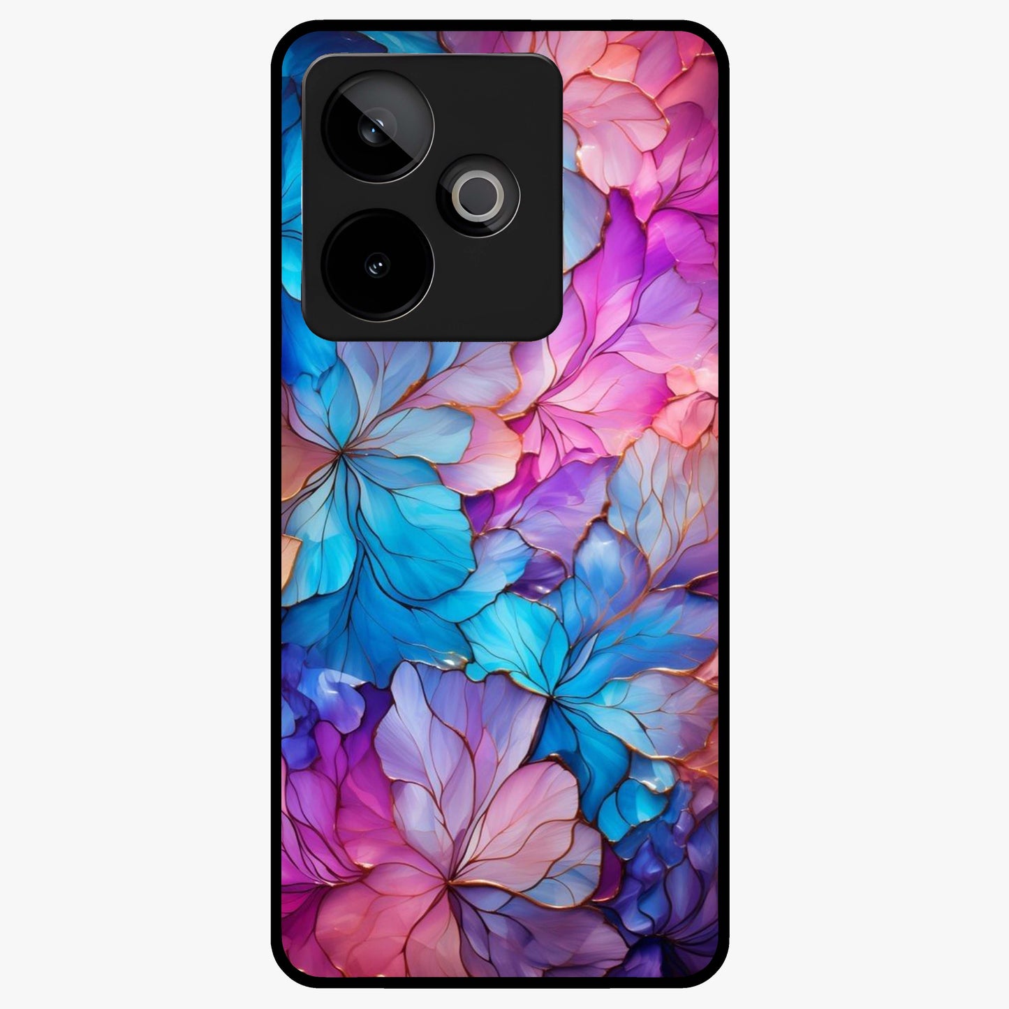 Radiant Floral Whirl Glass Case showing flat back view with swirling floral artwork and glossy glass finish.