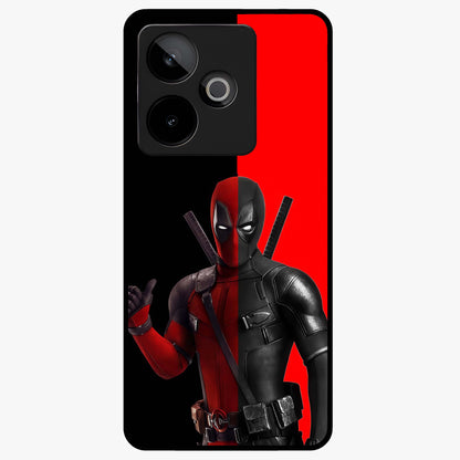 Red & Black Deadpool Theme Glass Case showing flat back view with bold comic inspired artwork and glossy glass finish.