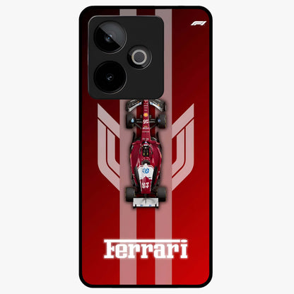 Red Ferrari F1 Vertical Glass Case showing flat back view with sleek Formula racing car artwork and glossy glass finish.