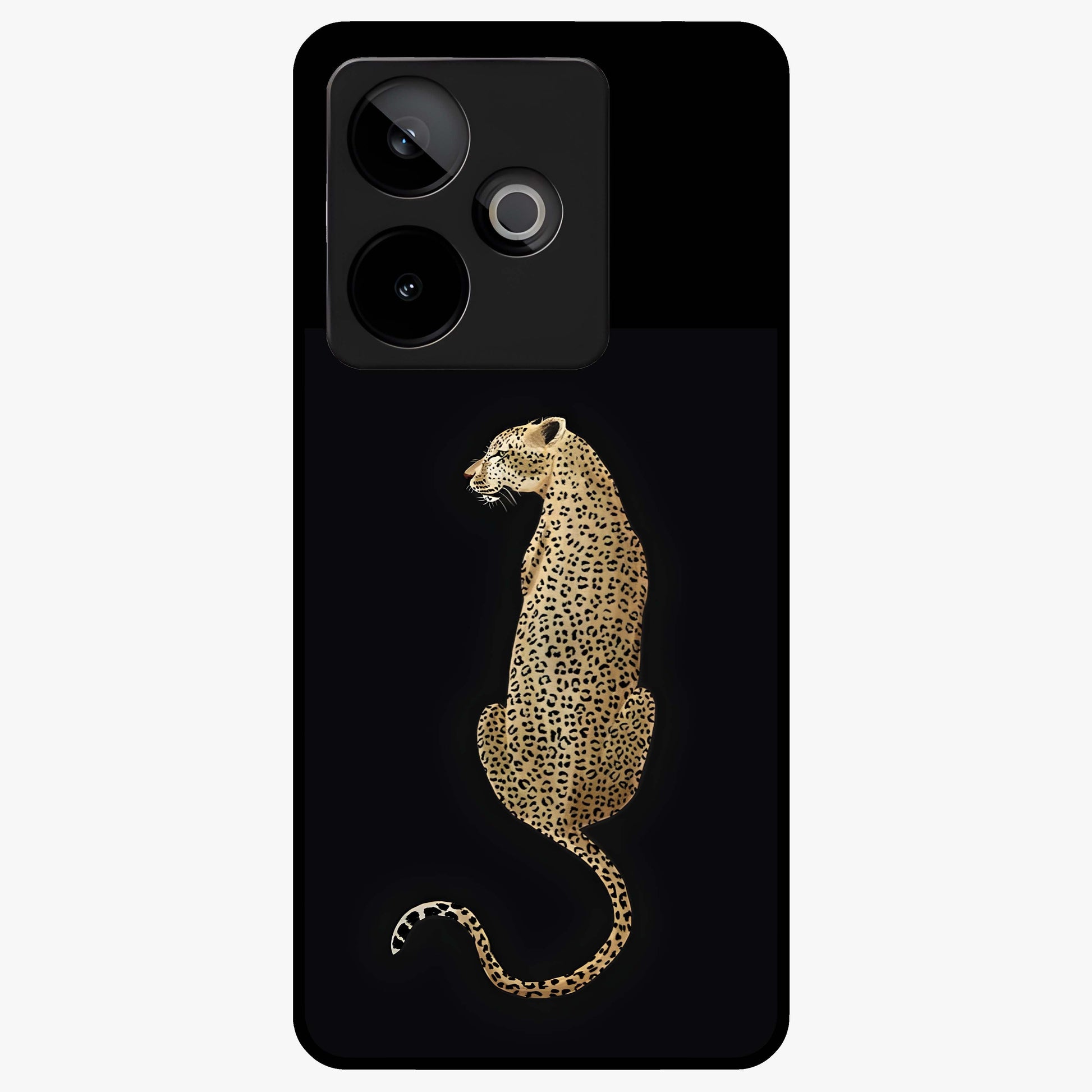 Regal Leopard Glass Case showing flat back view with bold leopard artwork and glossy glass finish.