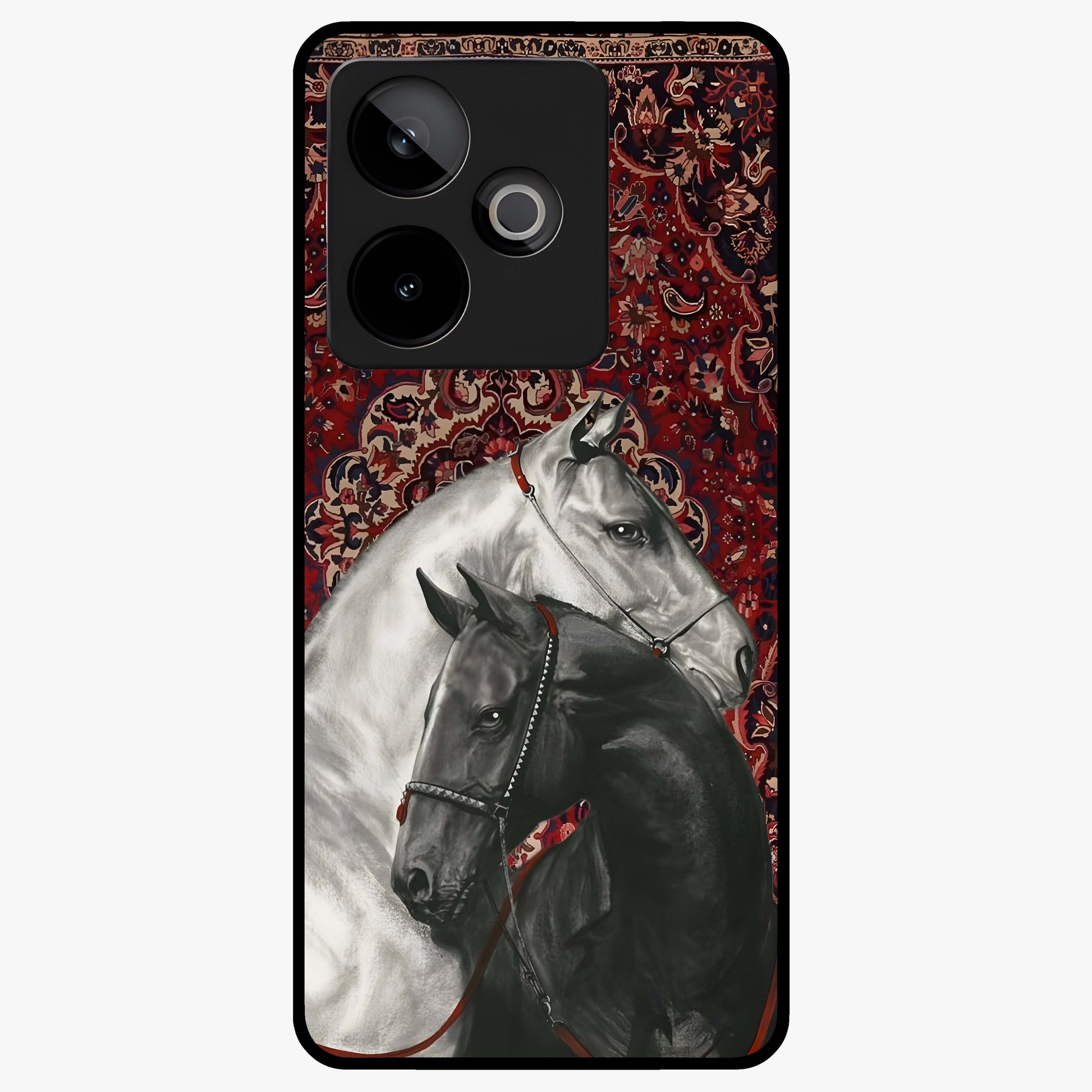 Regal Stallion Tapestry Glass Case showing flat back view with majestic horse tapestry artwork and glossy glass finish.