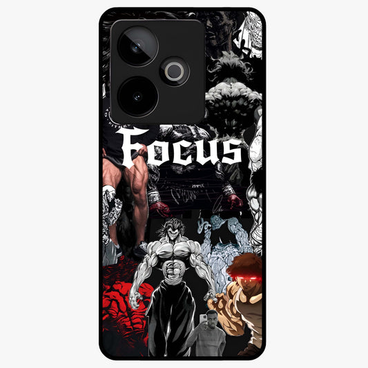 Relentless Power Focus Glass Case showing flat back view with motivational typography artwork and glossy glass finish.