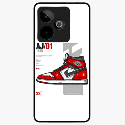 Retro Sneaker Blueprint Glass Case showing flat back view with sneaker blueprint style artwork and glossy glass finish.
