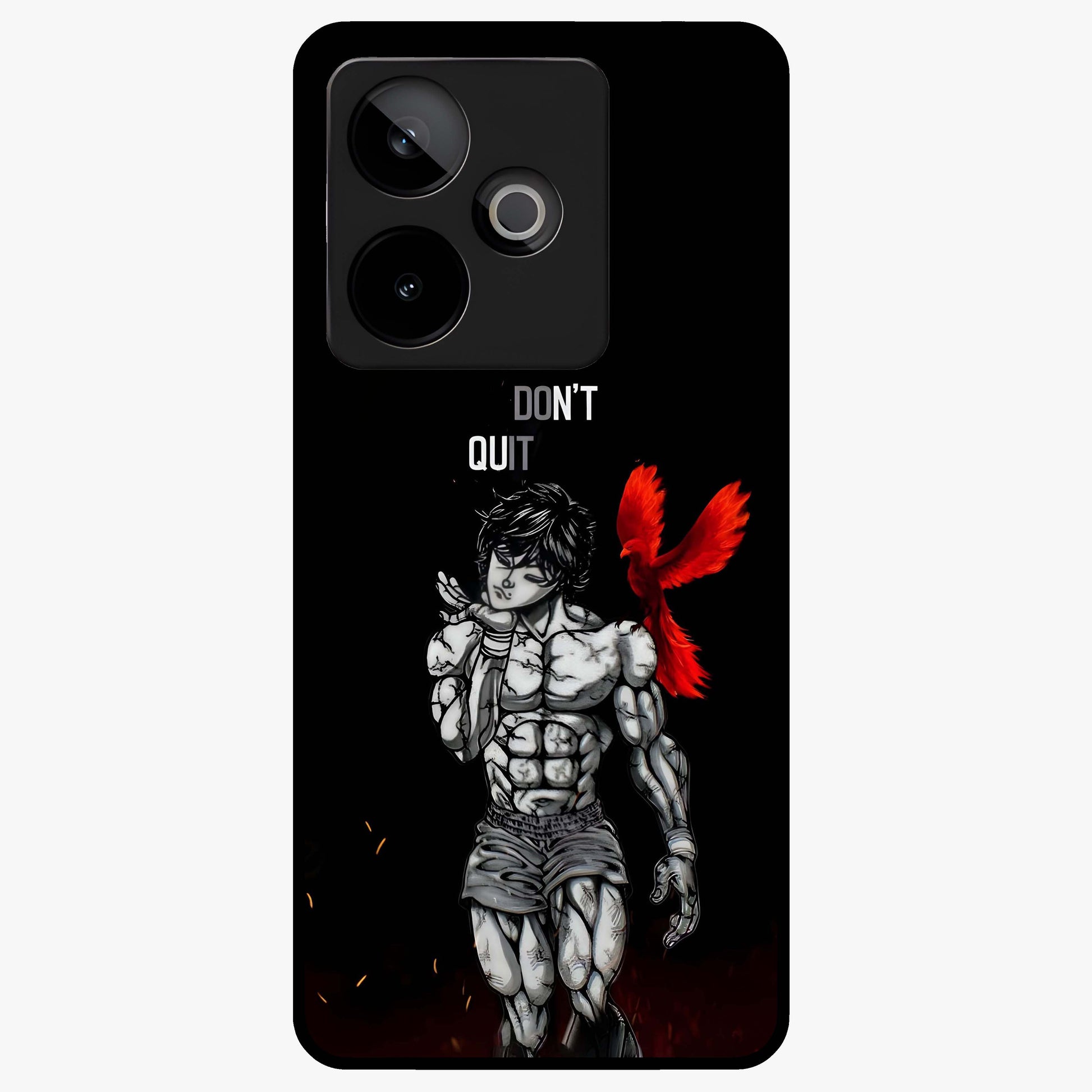 Rise Beyond Limits Glass Case showing flat back view with motivational typography artwork and glossy glass finish.
