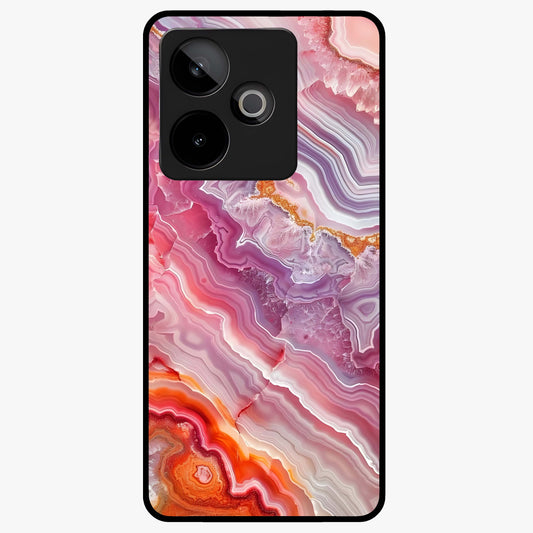 Rose Quartz Marble Glass Case showing flat back view with pink marble quartz texture artwork and glossy glass finish.