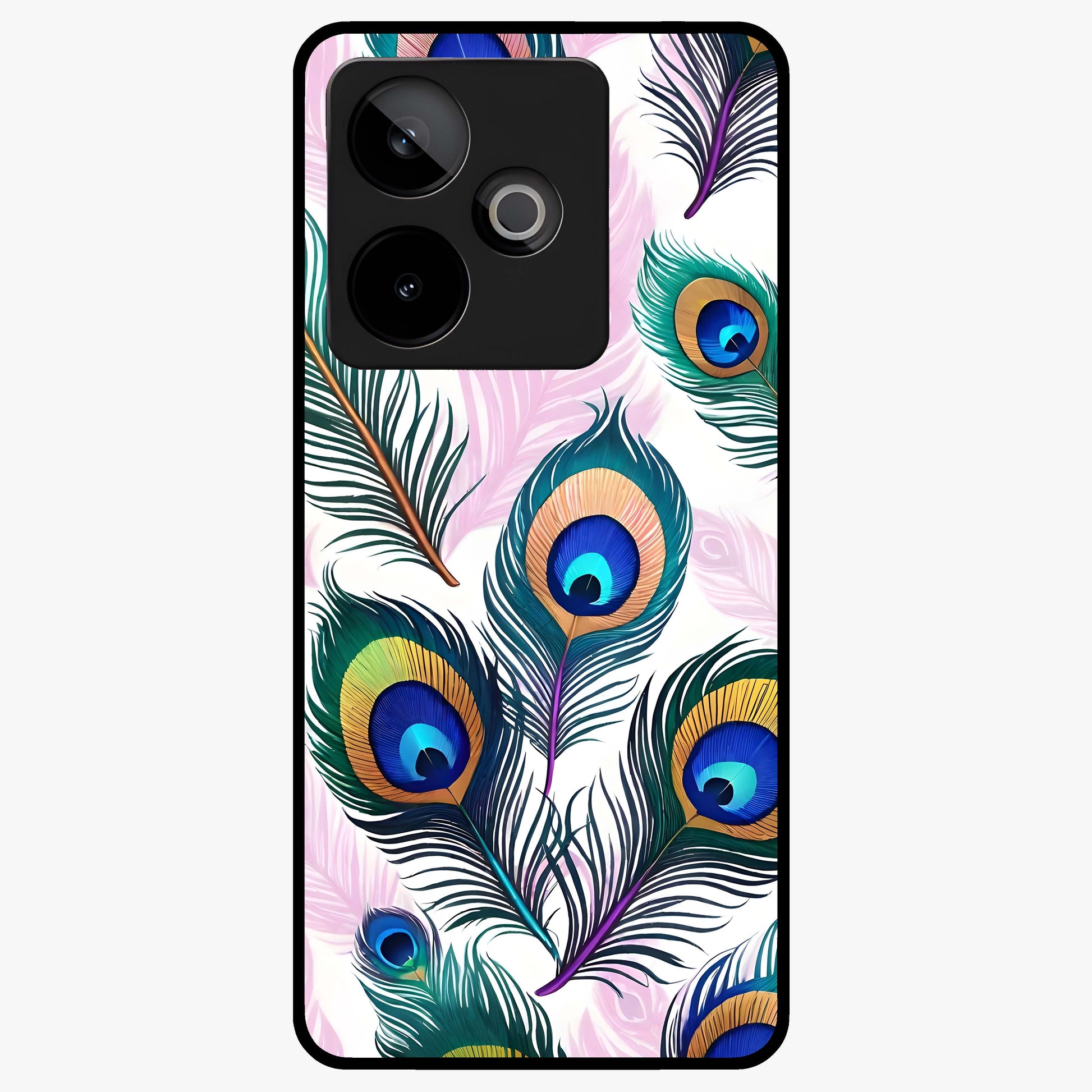 Royal Peacock Feathers Glass Case showing flat back view with colorful peacock feather artwork and glossy glass finish.