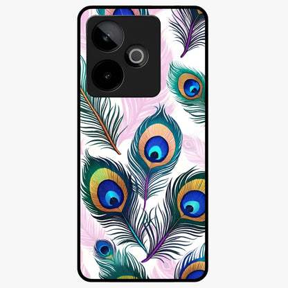 Royal Peacock Feathers Glass Case showing flat back view with colorful peacock feather artwork and glossy glass finish.