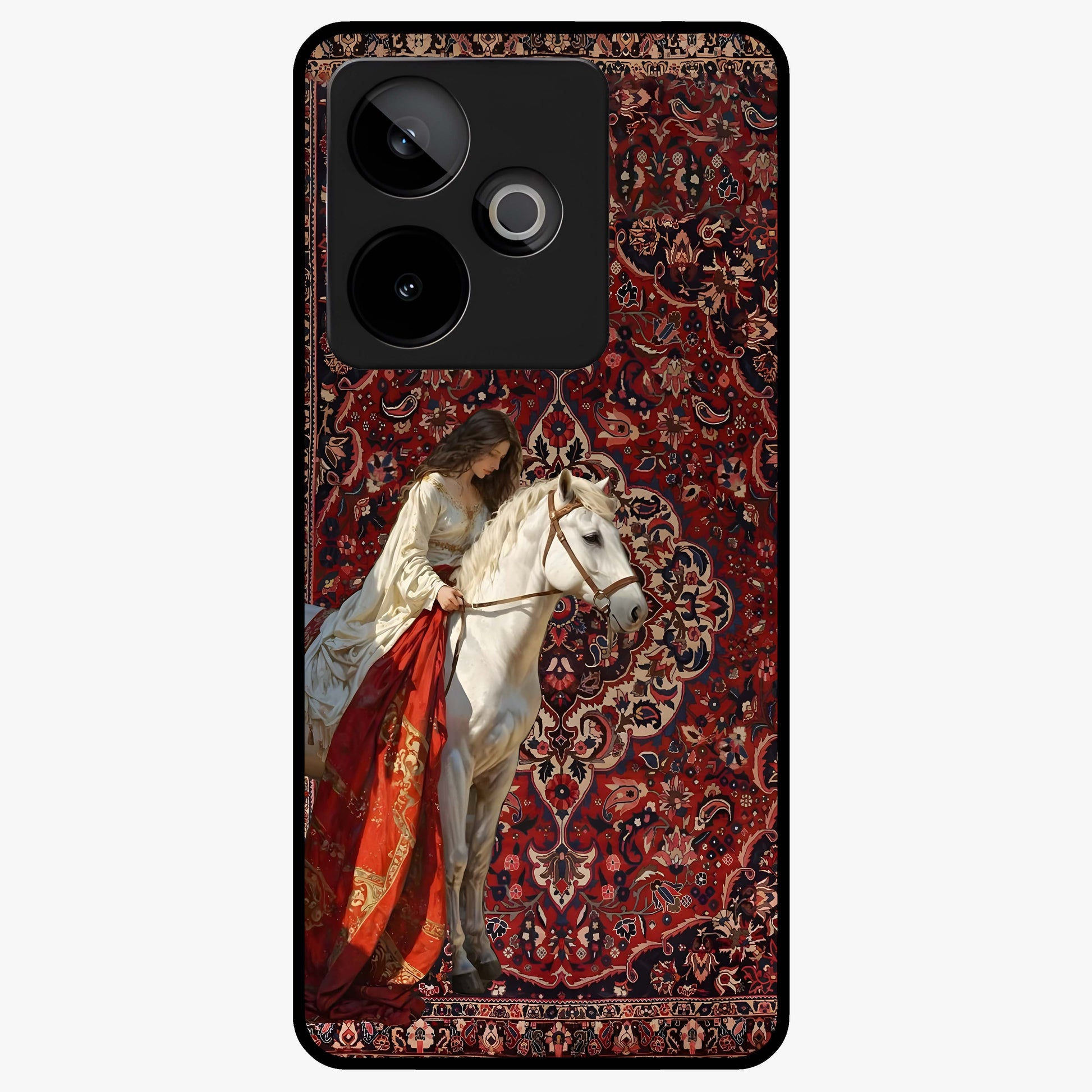 Royal Rider Tapestry Glass Case showing flat back view with majestic horse rider tapestry artwork and glossy glass finish.