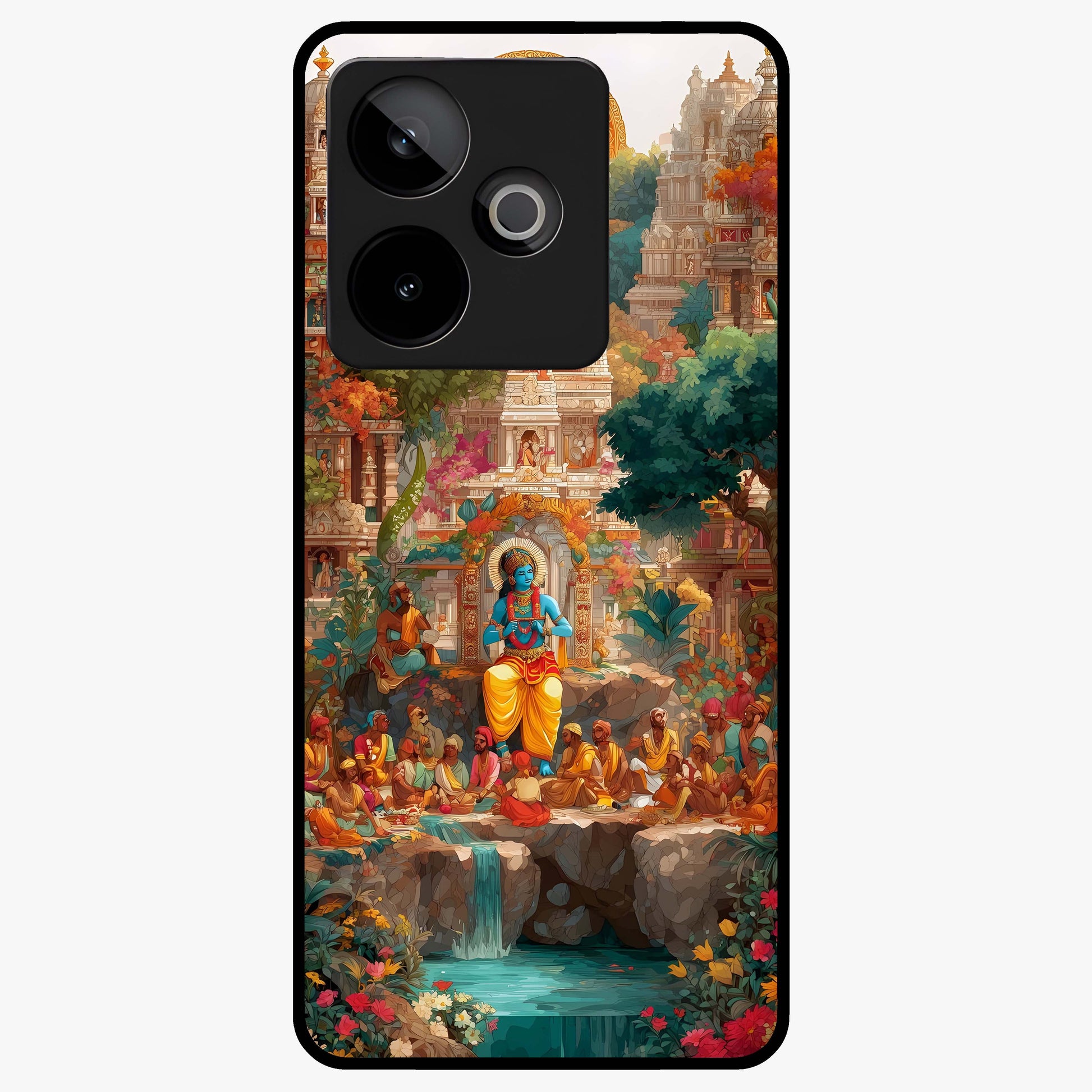 Sacred Sunlight Gods Glass Case showing flat back view with divine sunlight themed artwork and glossy glass finish.