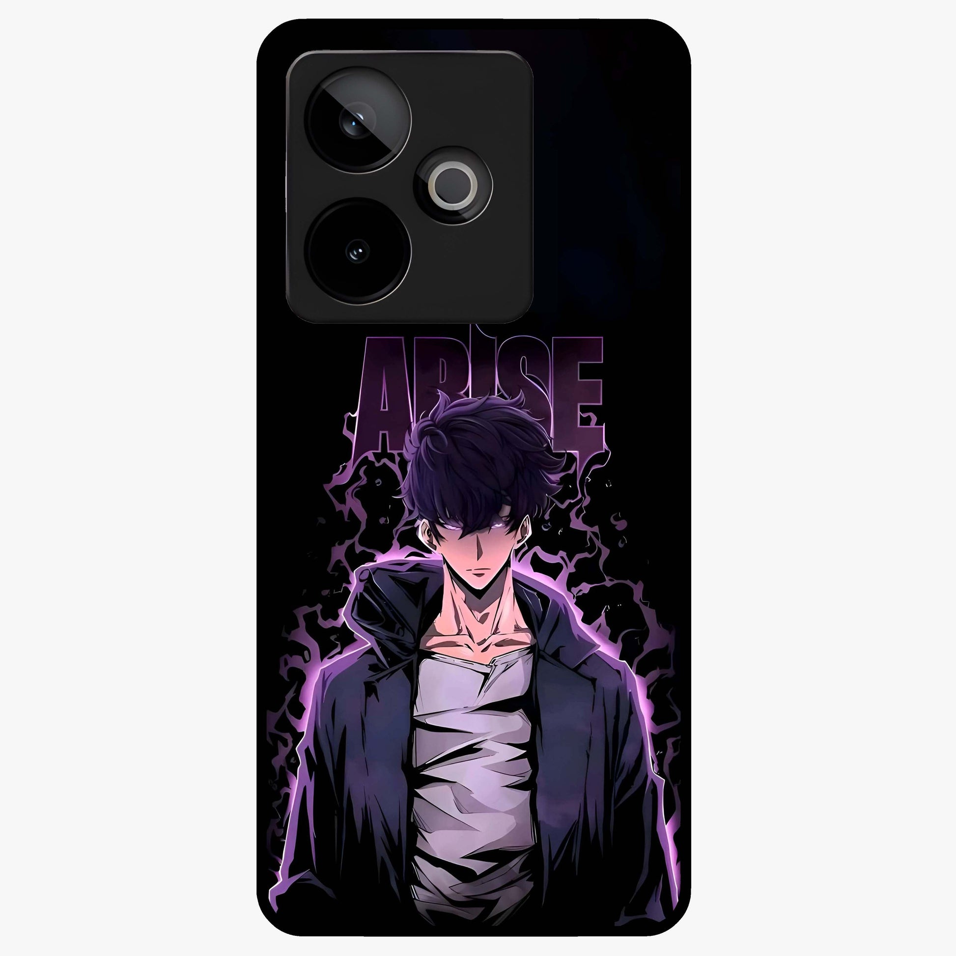 Shadow Monarch Awakening Glass Case showing flat back view with powerful dark monarch themed artwork and glossy glass finish.