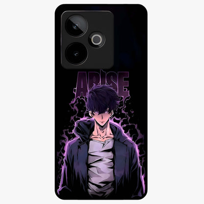 Shadow Monarch Awakening Glass Case showing flat back view with powerful dark monarch themed artwork and glossy glass finish.