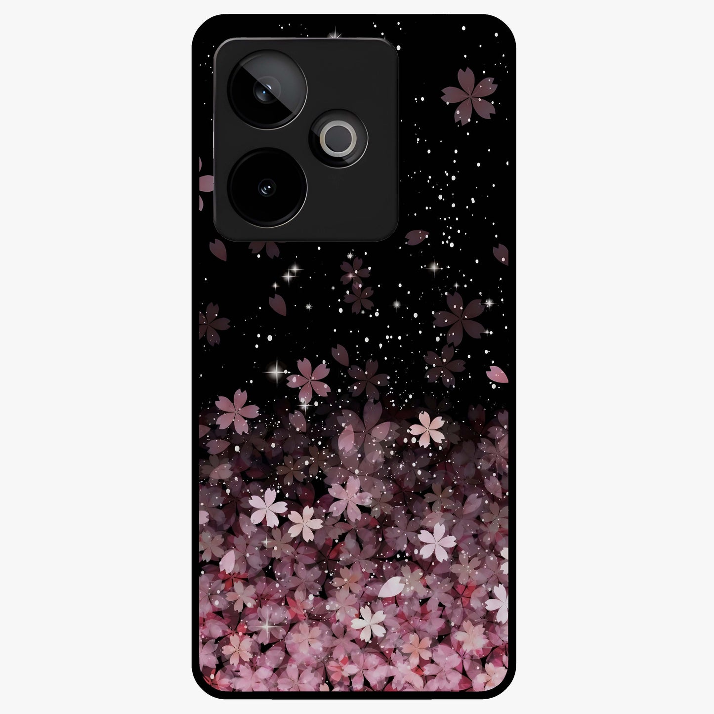 Small Starry Flowers Glass Case showing flat back view with delicate starry floral artwork and glossy glass finish.