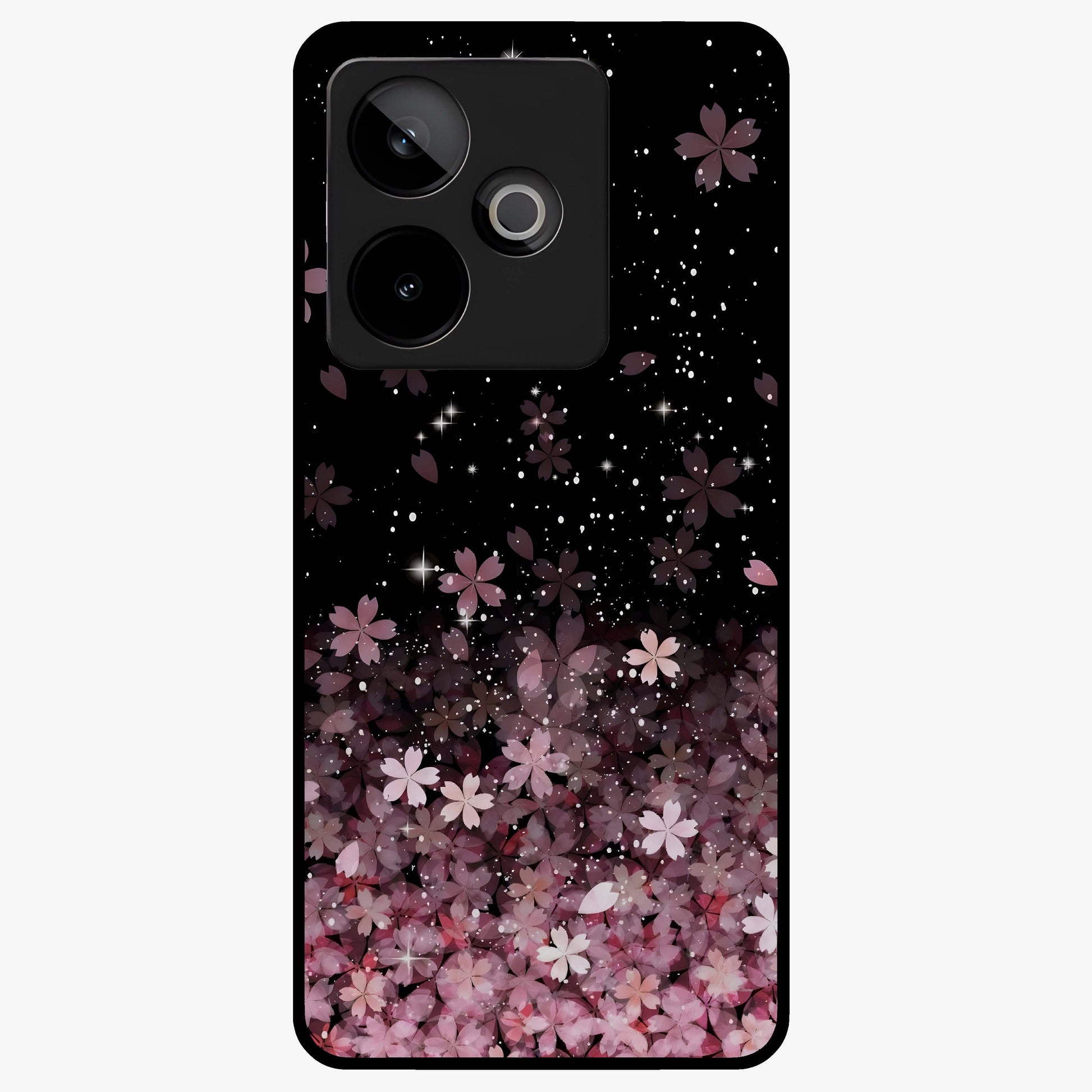 Small Starry Flowers Glass Case showing flat back view with delicate starry floral artwork and glossy glass finish.