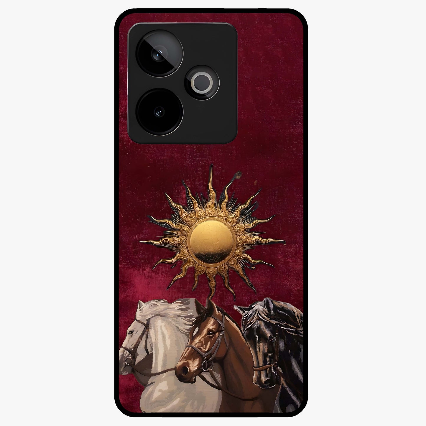 Solar Riders Glass Case showing flat back view with dynamic rider themed artwork and glossy glass finish.