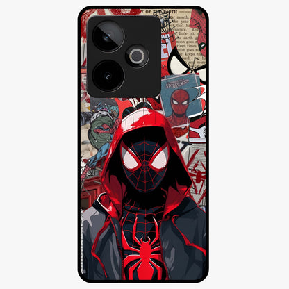 Spider Collage Street Glass Case showing flat back view with vibrant superhero collage artwork and glossy glass finish.