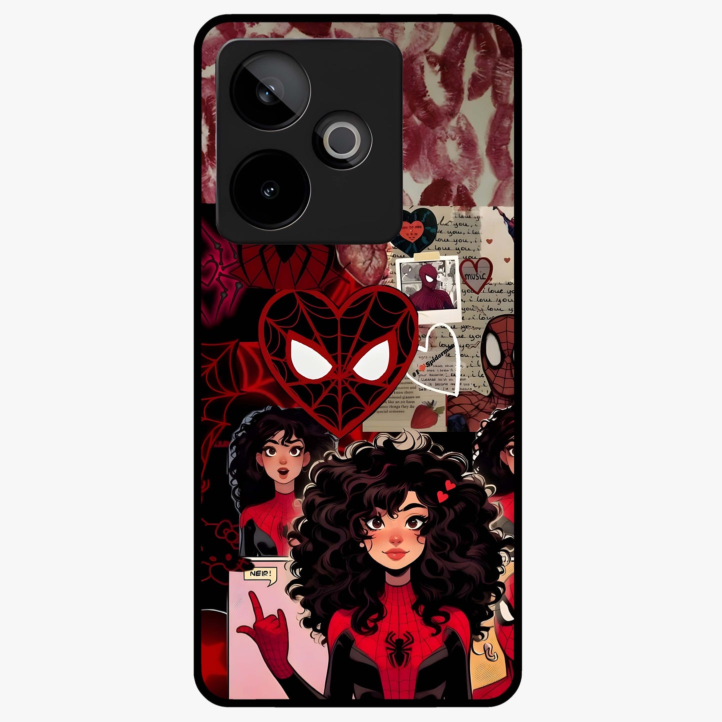 Spider Love Story Glass Case showing flat back view with romantic superhero themed artwork and glossy glass finish.