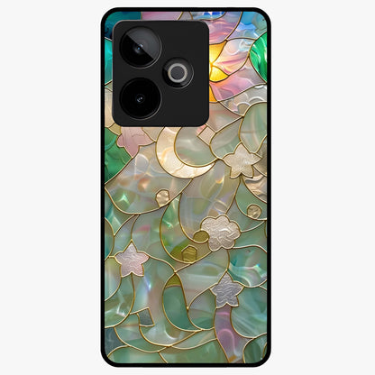 Stained Sunrise Glow Glass Case showing flat back view with glowing sunrise stained pattern artwork and glossy glass finish.