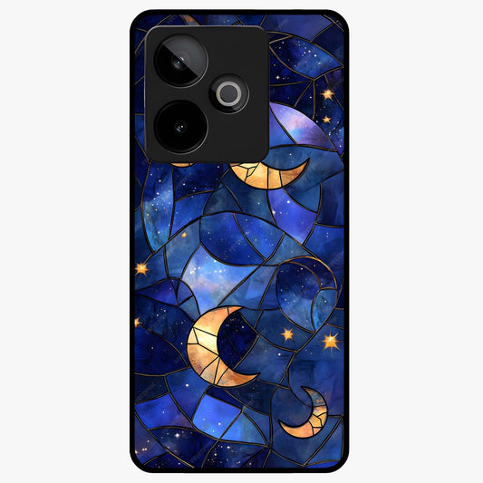 Starlit Sky Tapestry Glass Case showing flat back view with decorative starry sky tapestry artwork and glossy glass finish.