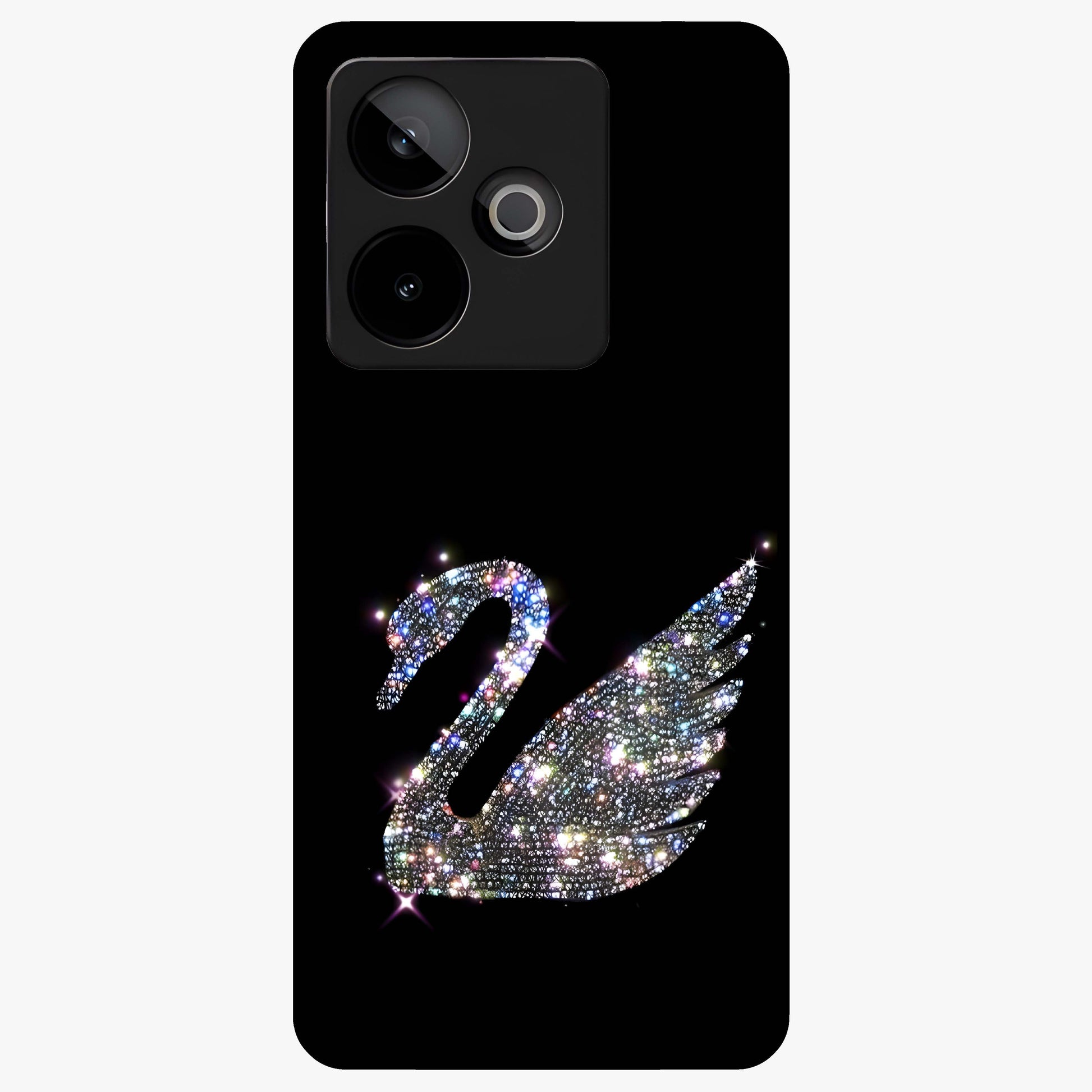 Starlit Swan Grace Glass Case showing flat back view with graceful swan artwork under starry sky and glossy glass finish.