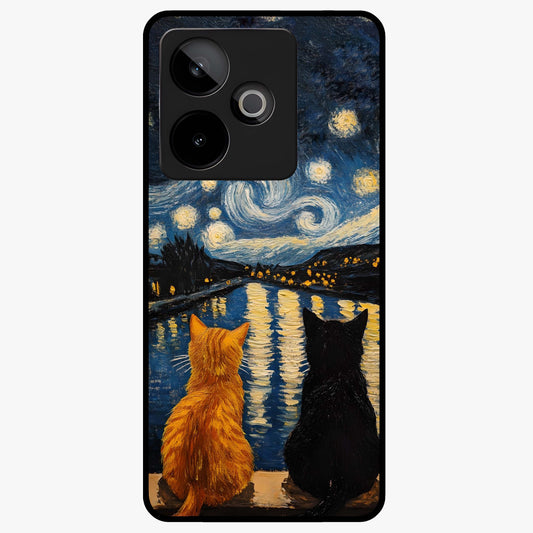 Starry River Cats Glass Case showing flat back view with cats by a starry river artwork and glossy glass finish.