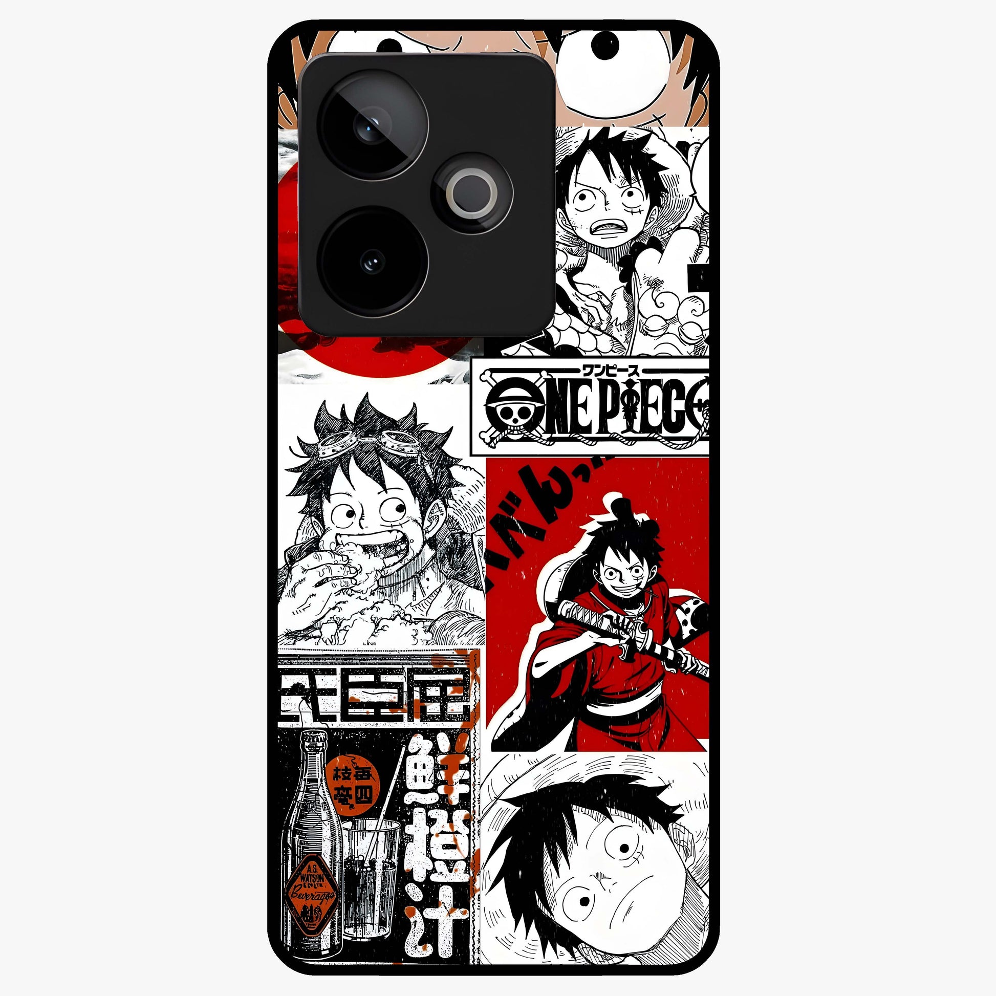 Strawhat Chaos Panels Glass Case showing flat back view with anime inspired chaos panel artwork and glossy glass finish.