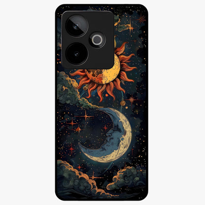 Sun And Moon Magic Design Glass Case showing flat back view with mystical sun and moon artwork and glossy glass finish.