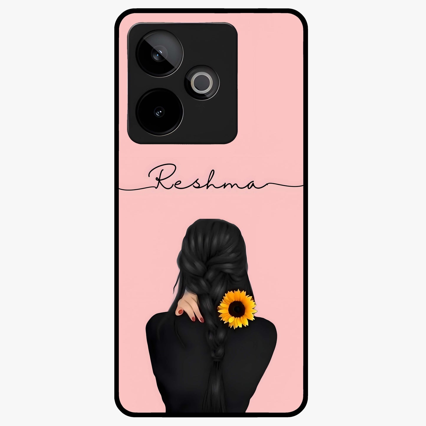Sunflower Braid Beauty With Custom Name Glass Case showing flat back view with sunflower braid artwork and personalized name design.
