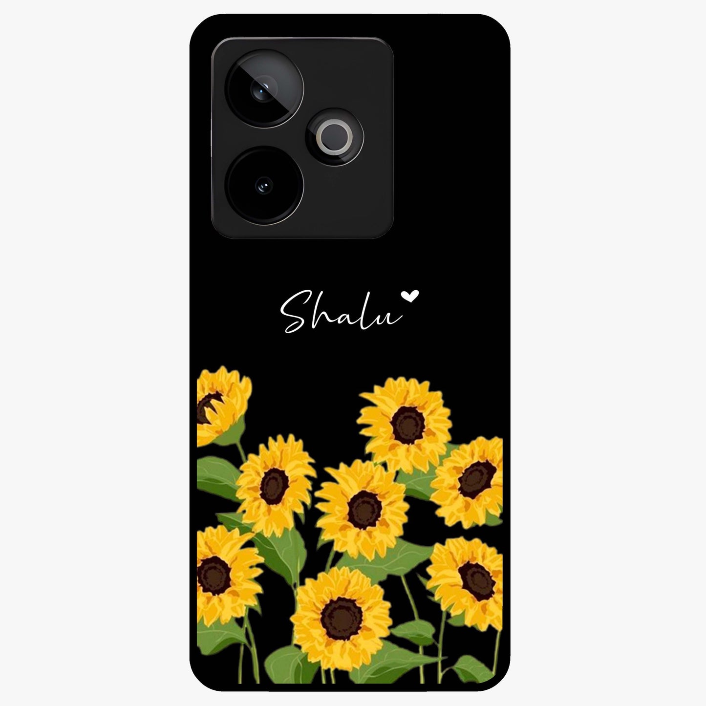 Sunflower Chic Mood Custom Name Glass Case showing flat back view with stylish sunflower artwork and personalized name design.